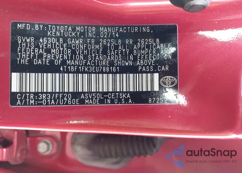 2014 Toyota Camry Se from USA, damaged, VIN 4T1BF1FK3EU788161